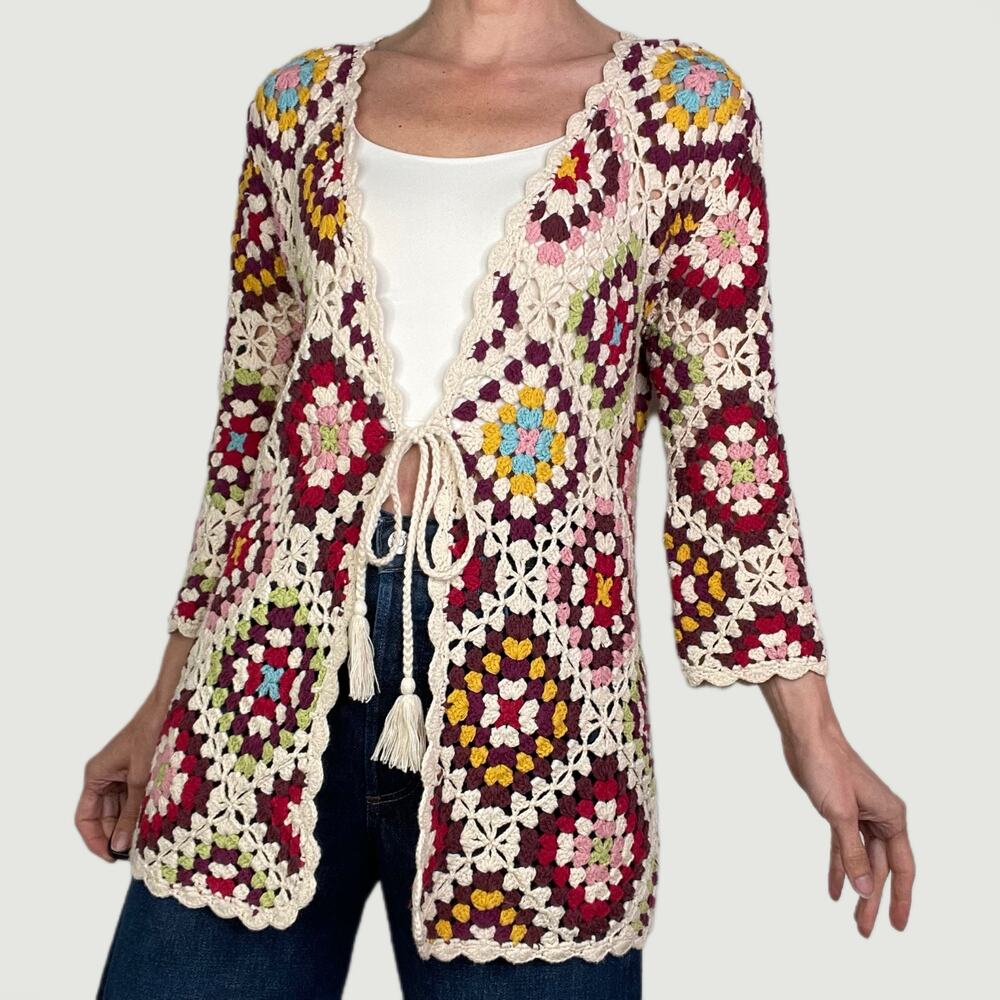 Johnny Was crochet granny‎ square knit cardigan sweater tie front stevie